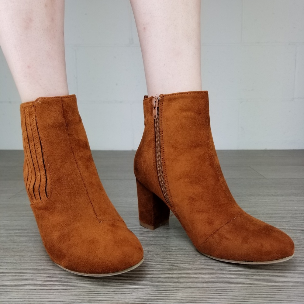 Vegan Suede Tan Bock Heel Ankle Bootie - Picture 8 of 8